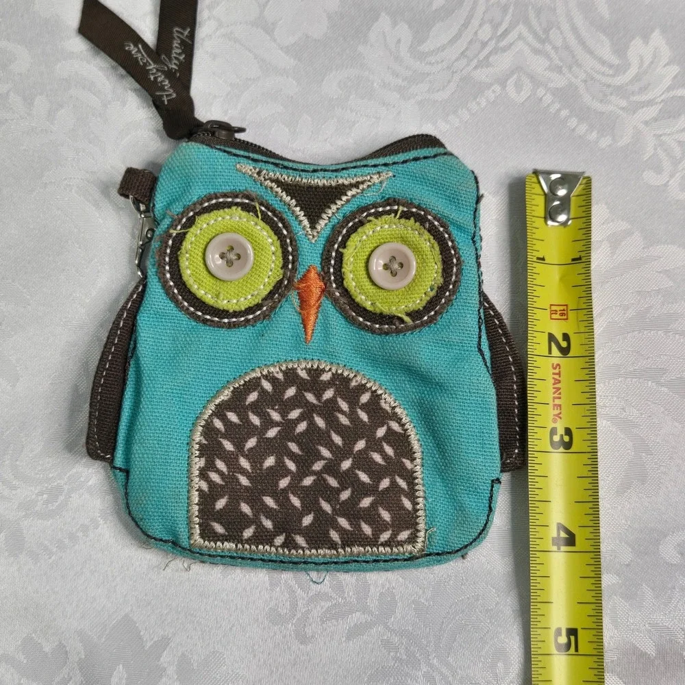 Thirty-One Owl Coin Purse Turquoise Blue Canvas Zipper Pouch with Key Clip